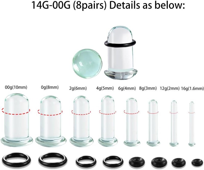 Atomhole Store 8 أزواج/16 قطعة مجموعة توسيع آذان زجاجية 14G-00G مع مقاييس قصيرة وموسعات قابلة للتوسيع مجوهرات ثقب الجسم - Image 2
